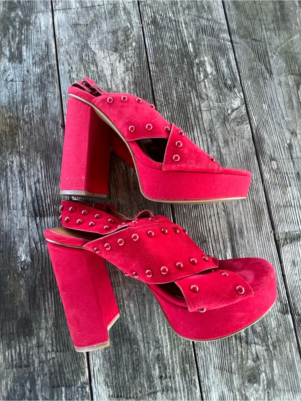 HALSTON Red Studded Women’s Suede Heeled Sandals PLATFORMS SZ  8.5